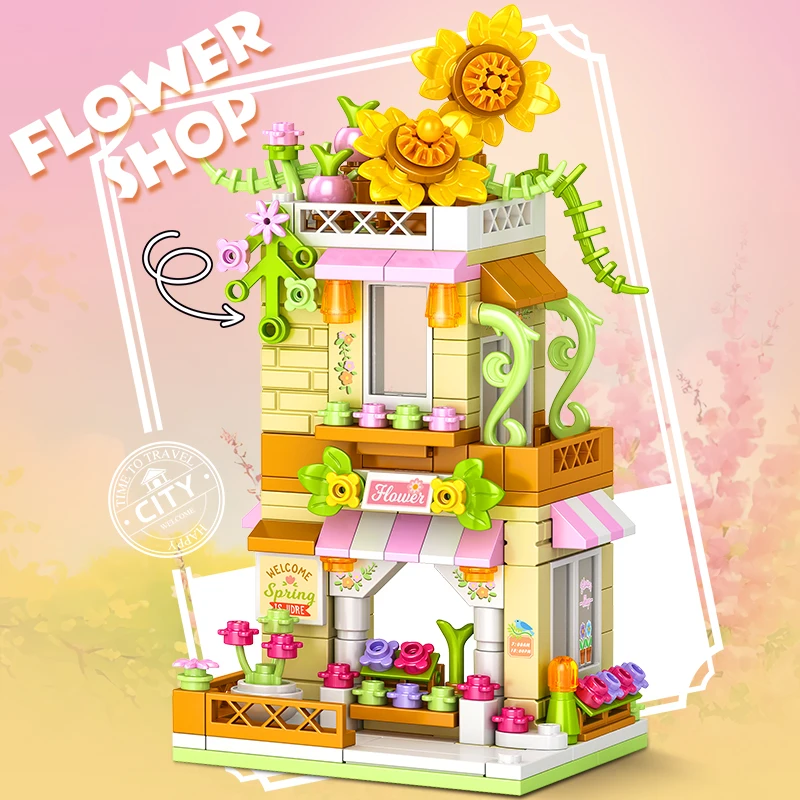 City Building Blocks Flower Shop Sunflower Store House Model Set Desktop Decor Kids DIY Toys Christmas Birthday Gift