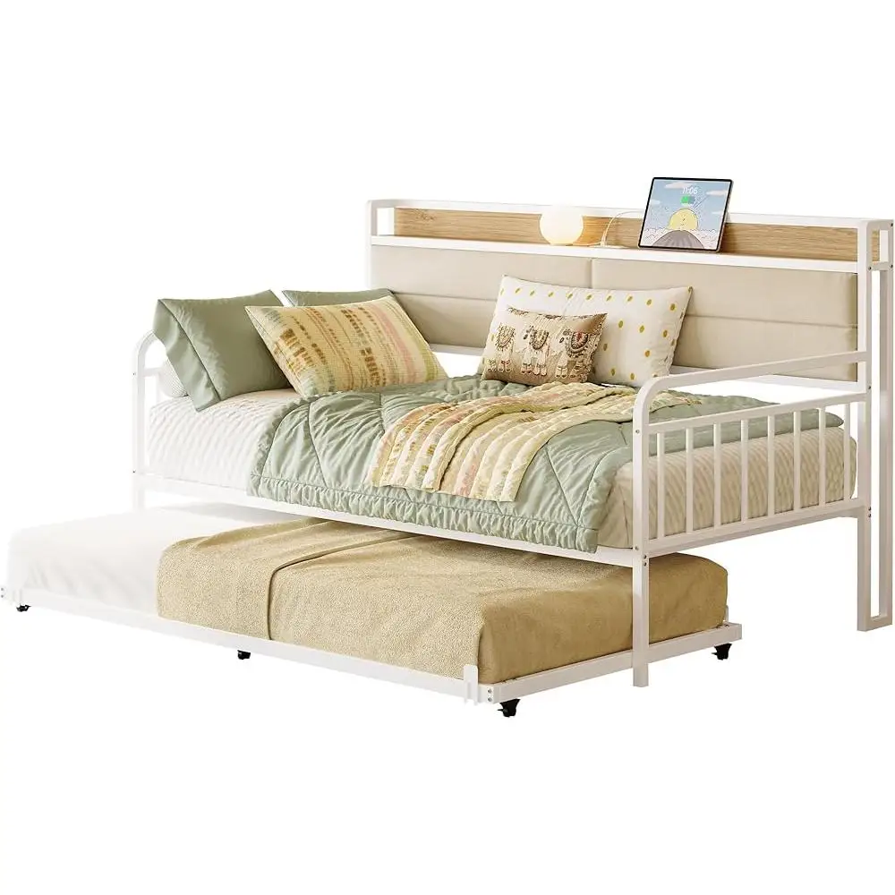 Sturdy Metal Twin Daybed with Trundle Soft Upholstered Headboard Charging Station Lockable Casters Versatile Living Room Bedroom