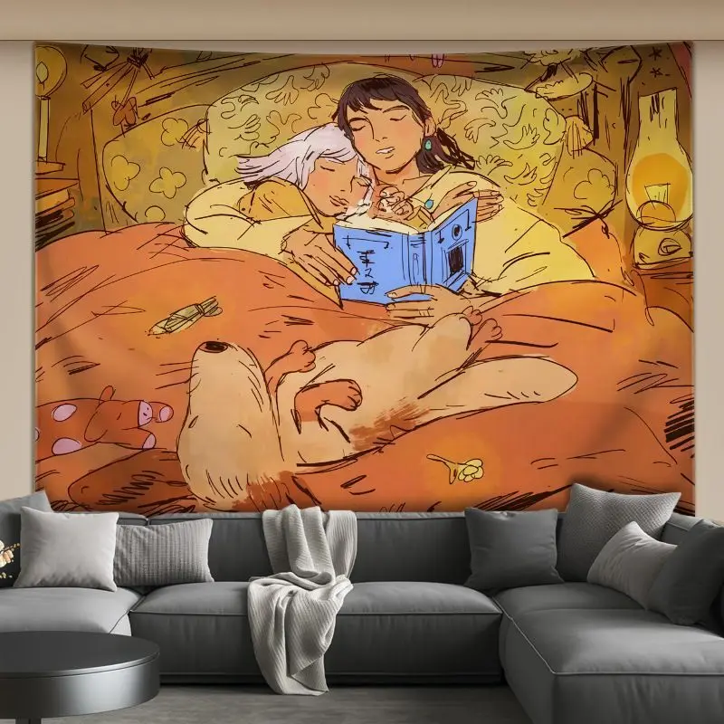 VIKAMA Dreamy Girl and Tiger Illustration Tapestry, HD Wear-Resistant Background Cloth for Whimsical Living Room Decor