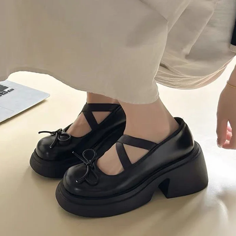 Bow Women Platform Marie Jane Shoes Mid Heels Fashion Sandals 2024 Summer New Thick Pumps Casual Chunky Women Lolita Shoes