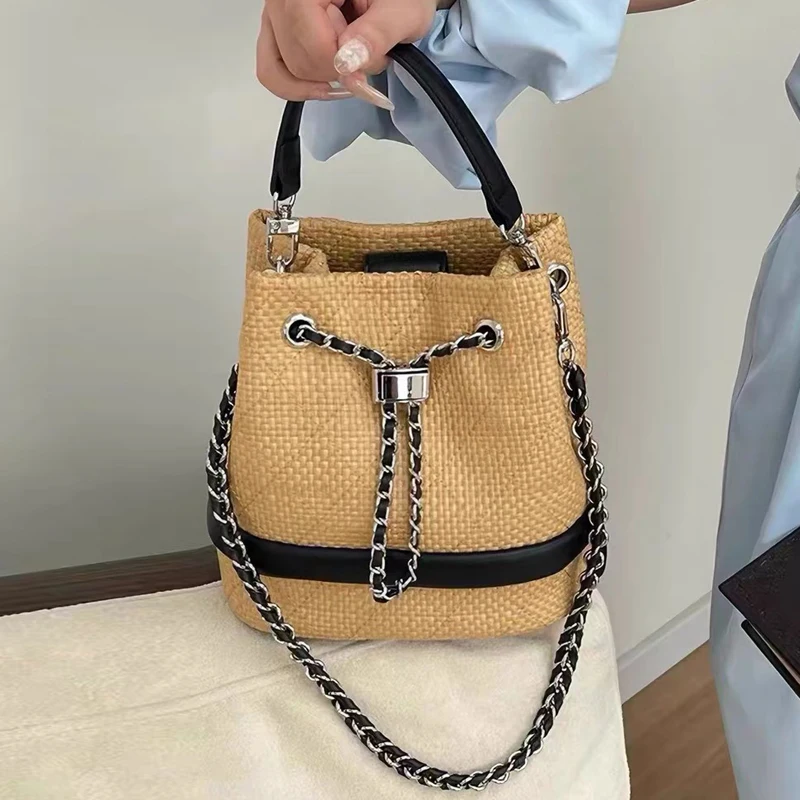 Beach Straw Bucket Bags For Women Luxury Designer Handbag And Purse 2026 New In Grass Knitted Embroidery Chain Underarm Shoulder