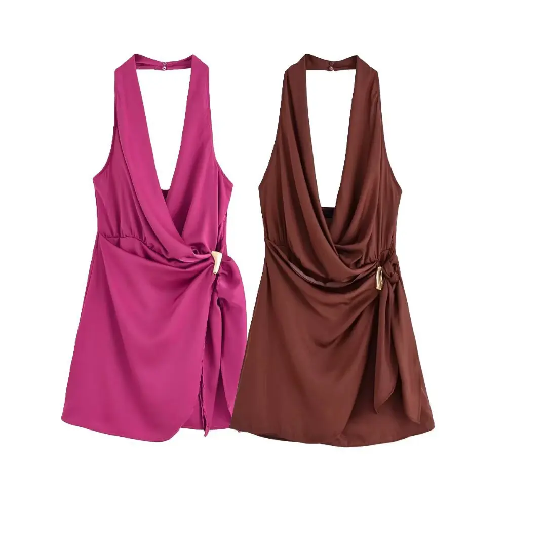 Women's Summer Gold Inlaid Halter Neck Deep V Collar Backless Dress Female Elegant Sexy Sleeveless Party Slim Mini Dress
