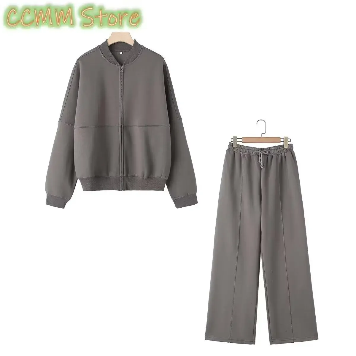 Women's 2-piece Retro Solid Color Zipper Bomber Jacket Sweatshirt + High-waisted Lace-up Women's Loose Velvet Pants Suit
