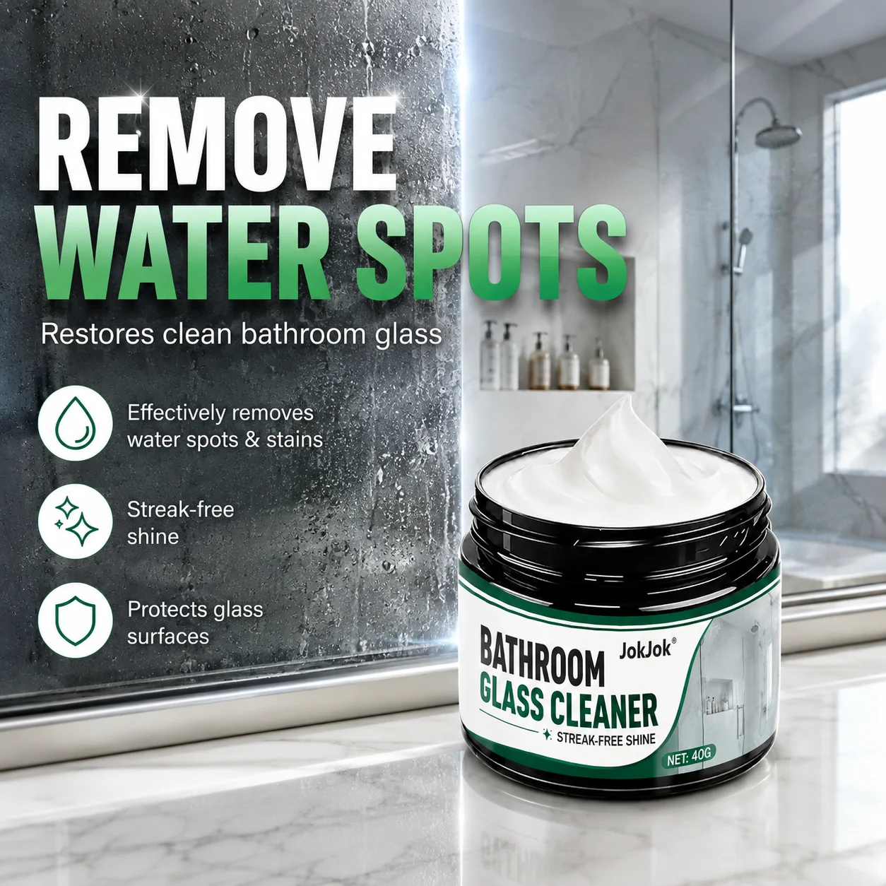 Bathroom Glass Polishing Paste - Powerful Hard Water Spot Remover and Descaler for Shower Doors, Tile and Stainless Steel, Givin