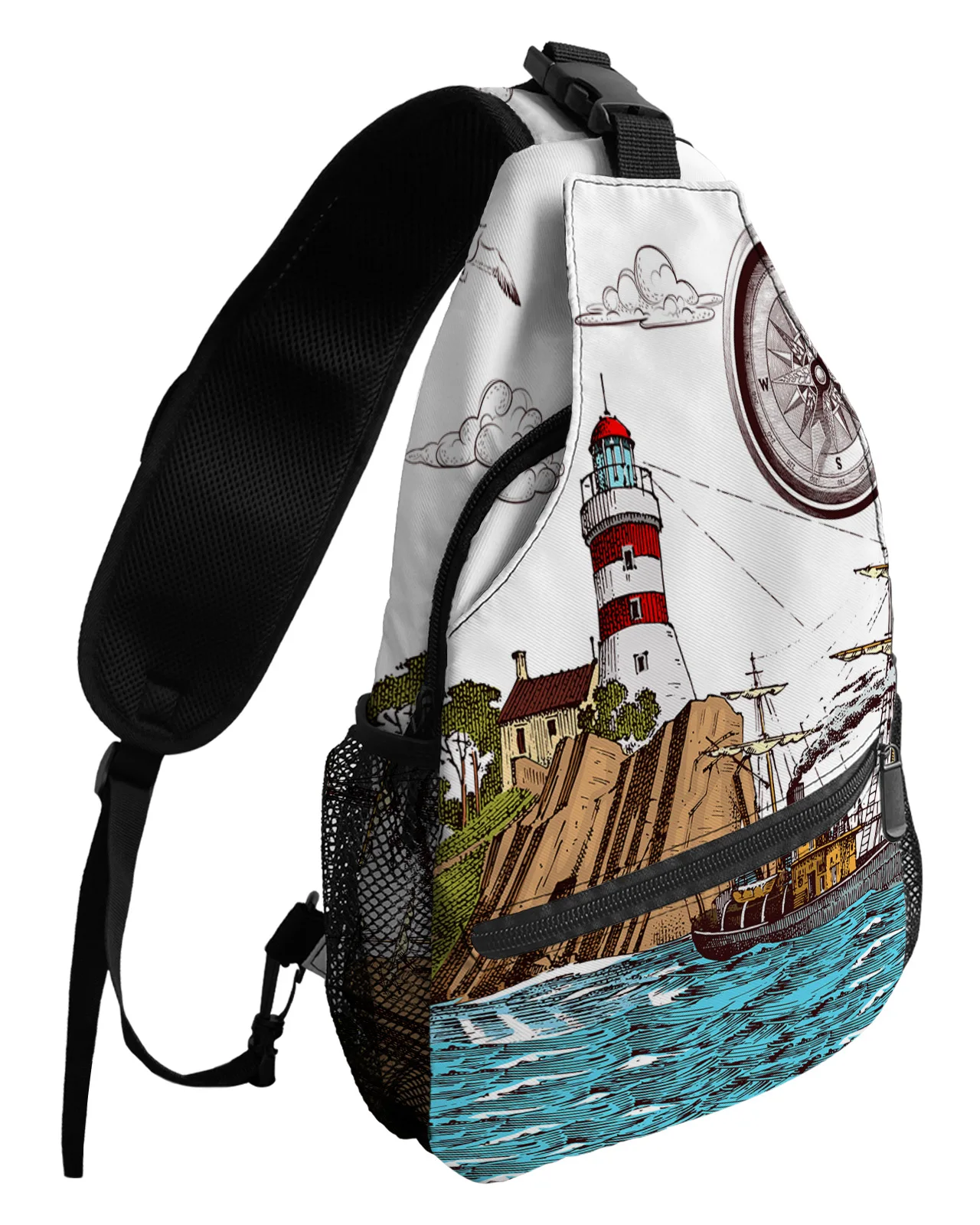 Retro Illustration Lighthouse Sailing Ship Chest Bag Men Fashion Shoulder Bag Outdoor Sports Casual Waterproof Crossbody Bag