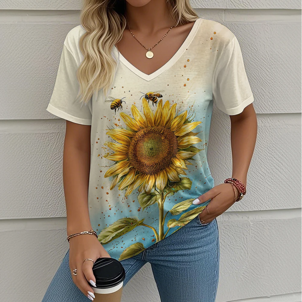 

Summer Women's T-Shirt Sunflower Print Outdoor Retro Fashion Casual Oversized V-Neck Y2k Short-Sleeved Women's Clothing