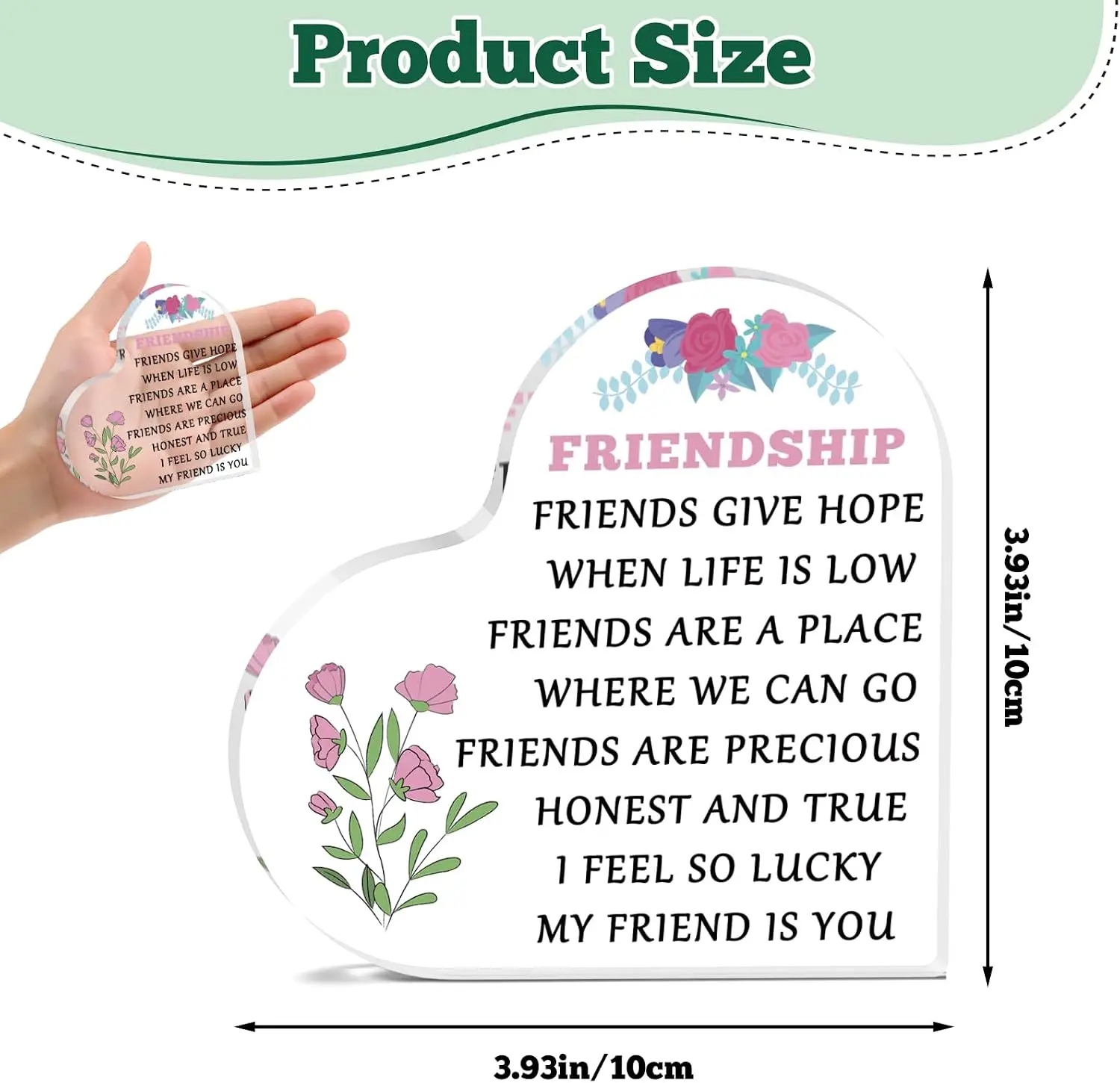 Friendship Heart‑Shaped Acrylic Tabletop Plaque, Colorful Floral Inspirational Friendship Quote Desk Keepsake Gift
