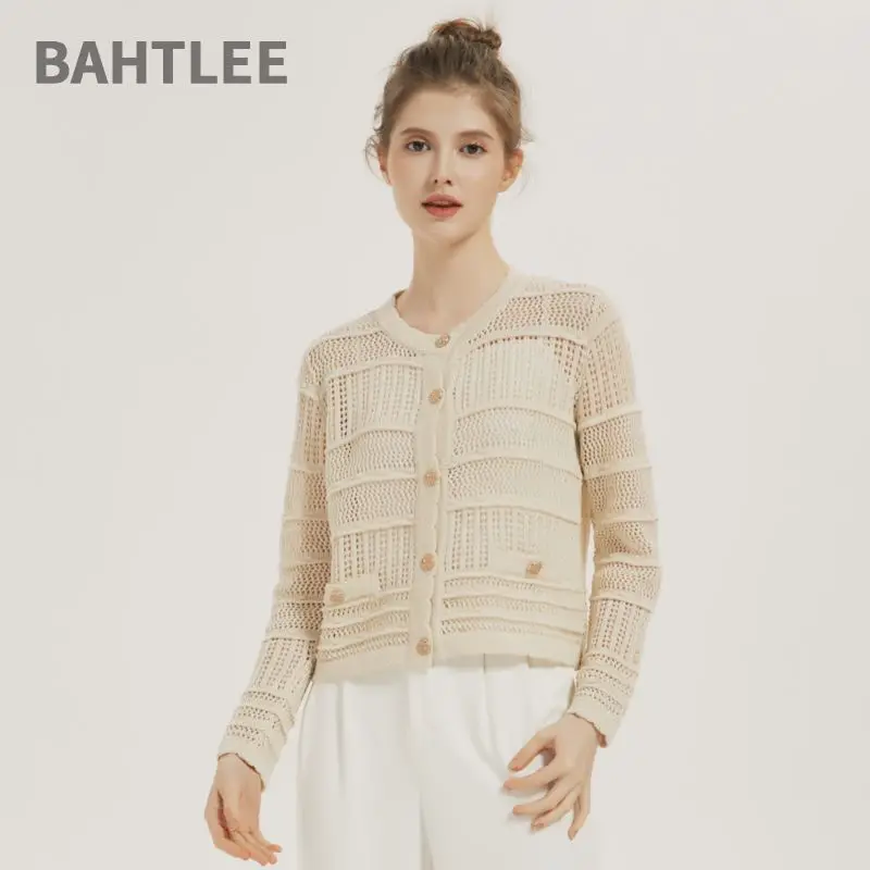 BAHTLEE-Knitted Cardigan for Women, Wool Coat, O-Neck Sweater, Long Sleeves, Three-Dimensional Stripe Pocket Buttons, Spring