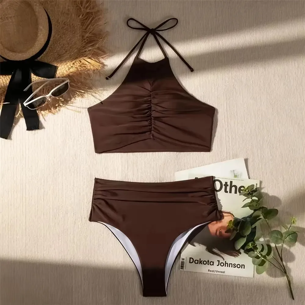 بني داكن الصلبة ملابس السباحة الرسن سلسلة رفع بيكيني عالية الخصر 2025 Ruched مثير ملابس السباحة لباس سباحة البيكينيات مجموعات امرأة