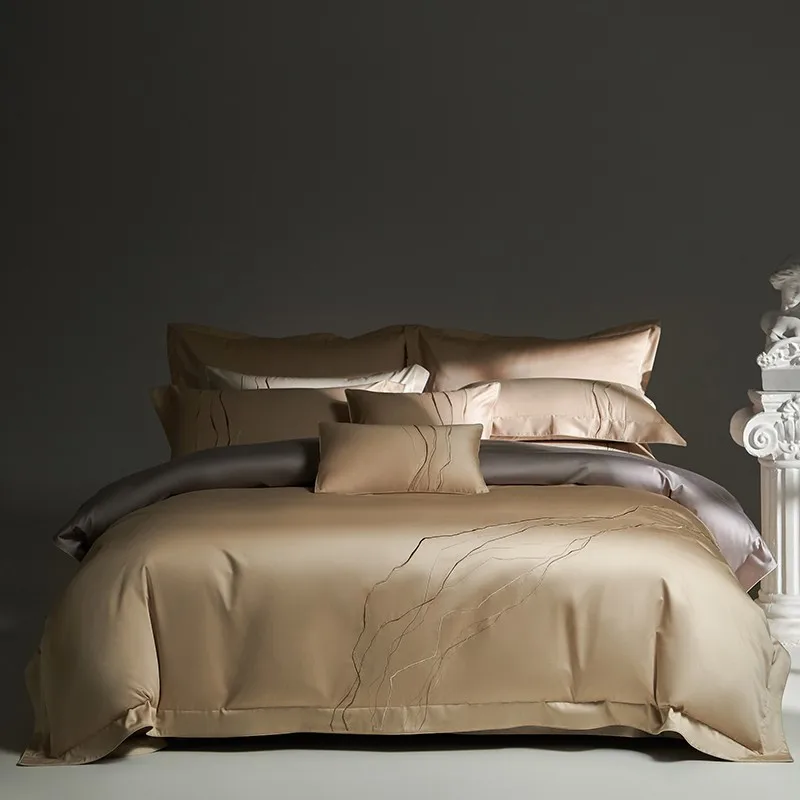 Champagne Gold Chic Embroidery Luxury 1400TC Egyptian Cotton Bedding Texture Silky Soft Comfy Duvet Cover Bed Sheet Pillowcases