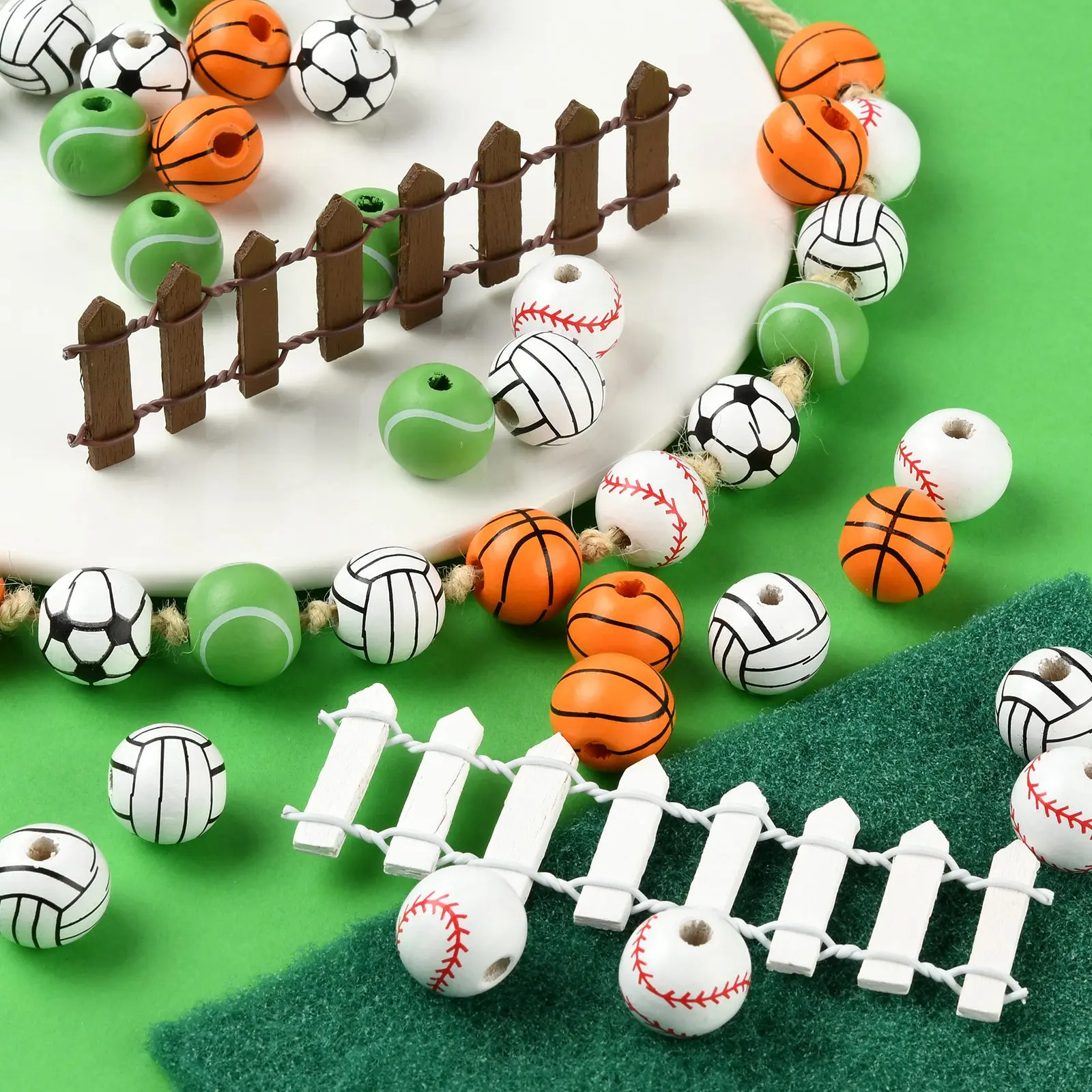 500pcs Painted Sport Natural Wooden Beads Football Basketball Round Loose Spacer Beads For DIY Jewelry Making Accessories