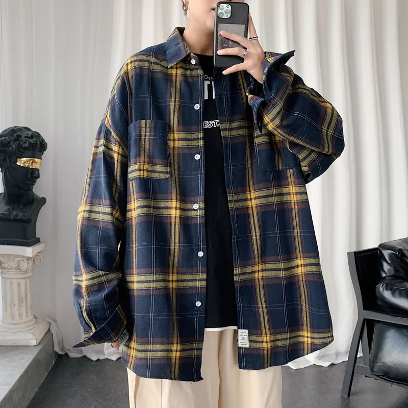 Herbst übergroße Langarmhemd Männer Mode Retro Plaid Shirt Männer Streetwear koreanische lose Freizeit hemden Herren große Größe 5xl