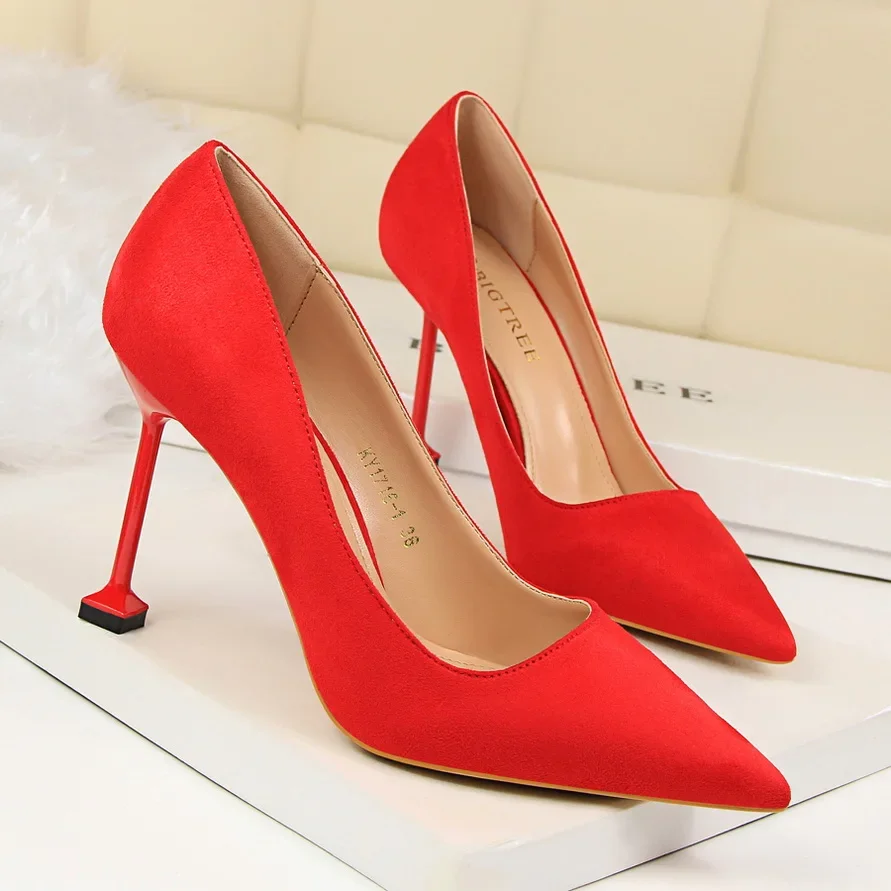 Women 9.5cm High Heels Korean Pumps Lady Wedding Bridal Suede Flock Purple Green Red Stiletto Heels Nightclub Office Party Shoes