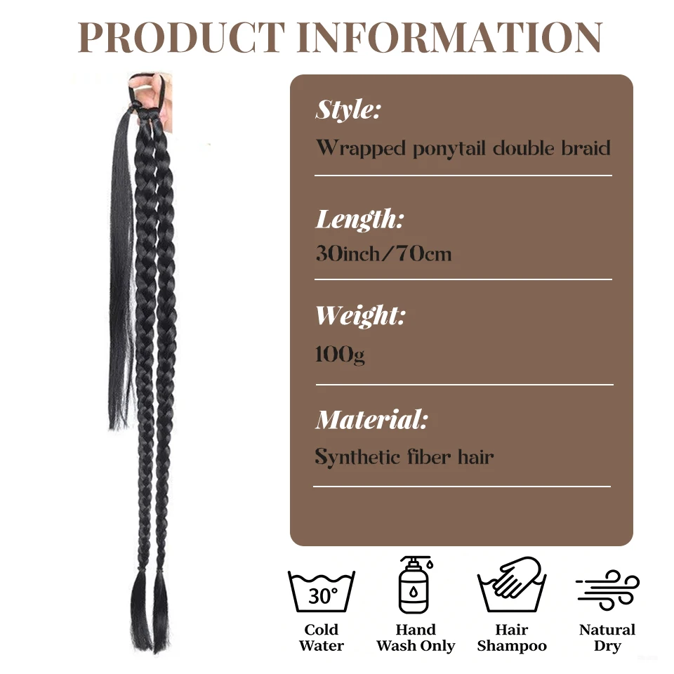 30 inch winding double braid ponytail wig with rubber band, braided ponytail hair accessory suitable for women's daily party use