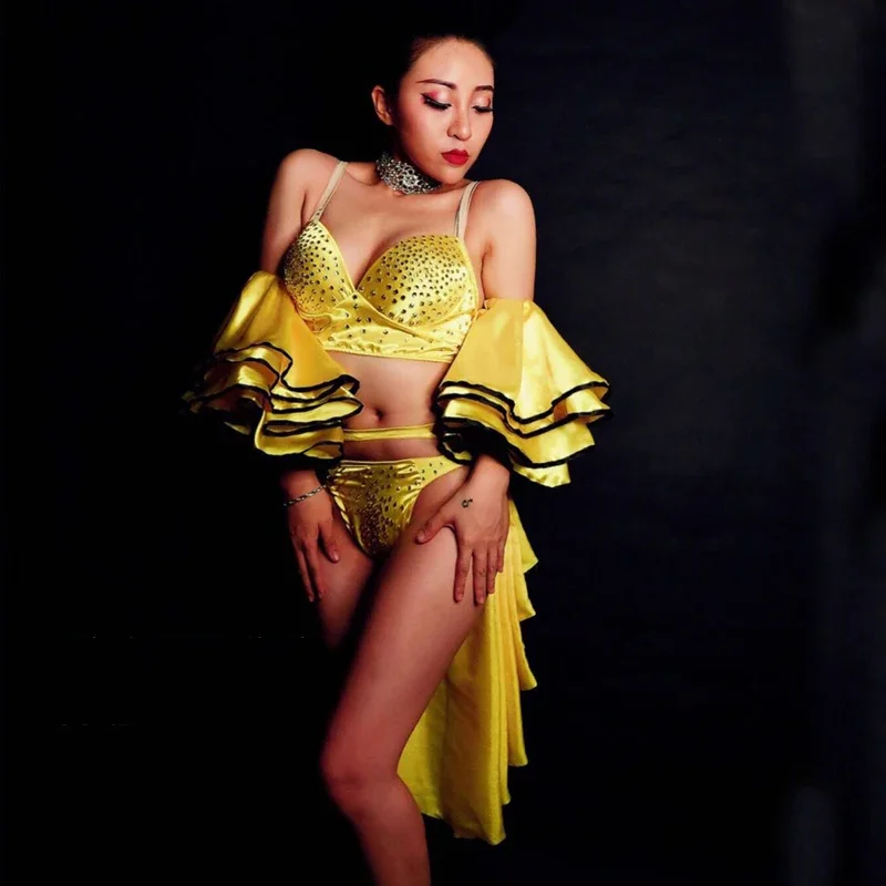 بار ملهى ليلي Dj Ds Gogo أزياء رقص مثير الراين بيكيني الساتان المخلفية تنورة القطب ملابس الرقص المرحلة الهذيان الزي XS6706 #5