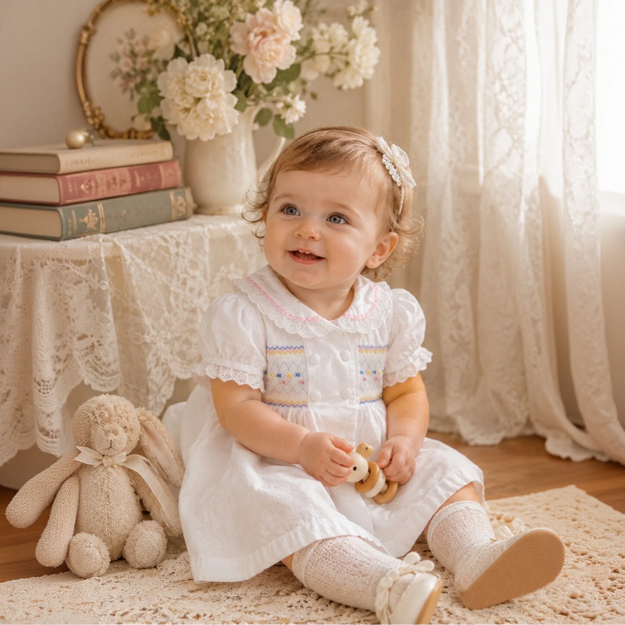 Handgefertigtes, smokiertes Babykleid im spanischen Vintage-Stil, Boutique-Kleid für Kleinkinder, weißes Taufkleid mit Peter-Pan-Kragen und Schleife, Bloomer-Set – Detail 4