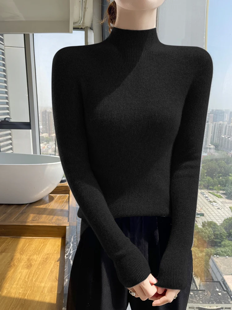 

MEELEX Women Mid-High Collar 100% Cashmere Sweater Autumn Winter Casual Pure Color Pullover Woman Slim Knit Base Shirt Warm Top