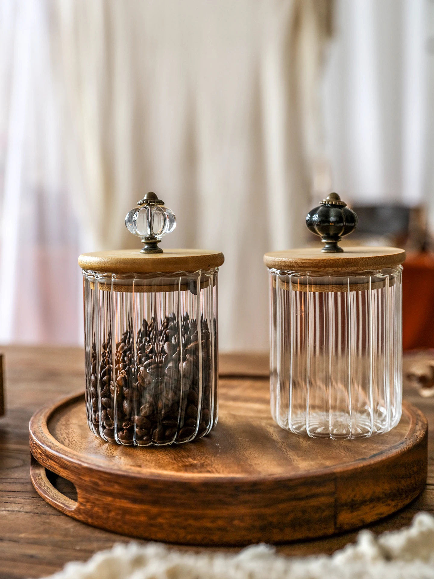 

Прозрачная крышка, банка для хранения, деревянная крышка, полосатая стеклянная банка для чая, бытовая герметичная банка для кофе в зернах, кухонные принадлежности