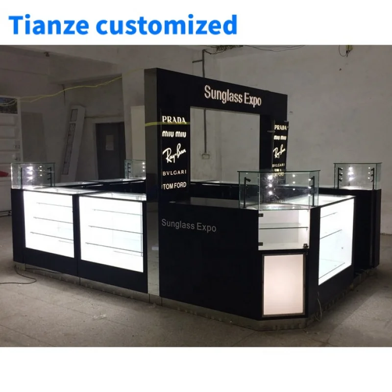 (Customized) high quality Sunglasses Hut sunglasses booth with LED light custom made sunglasses kiosk showcase mall