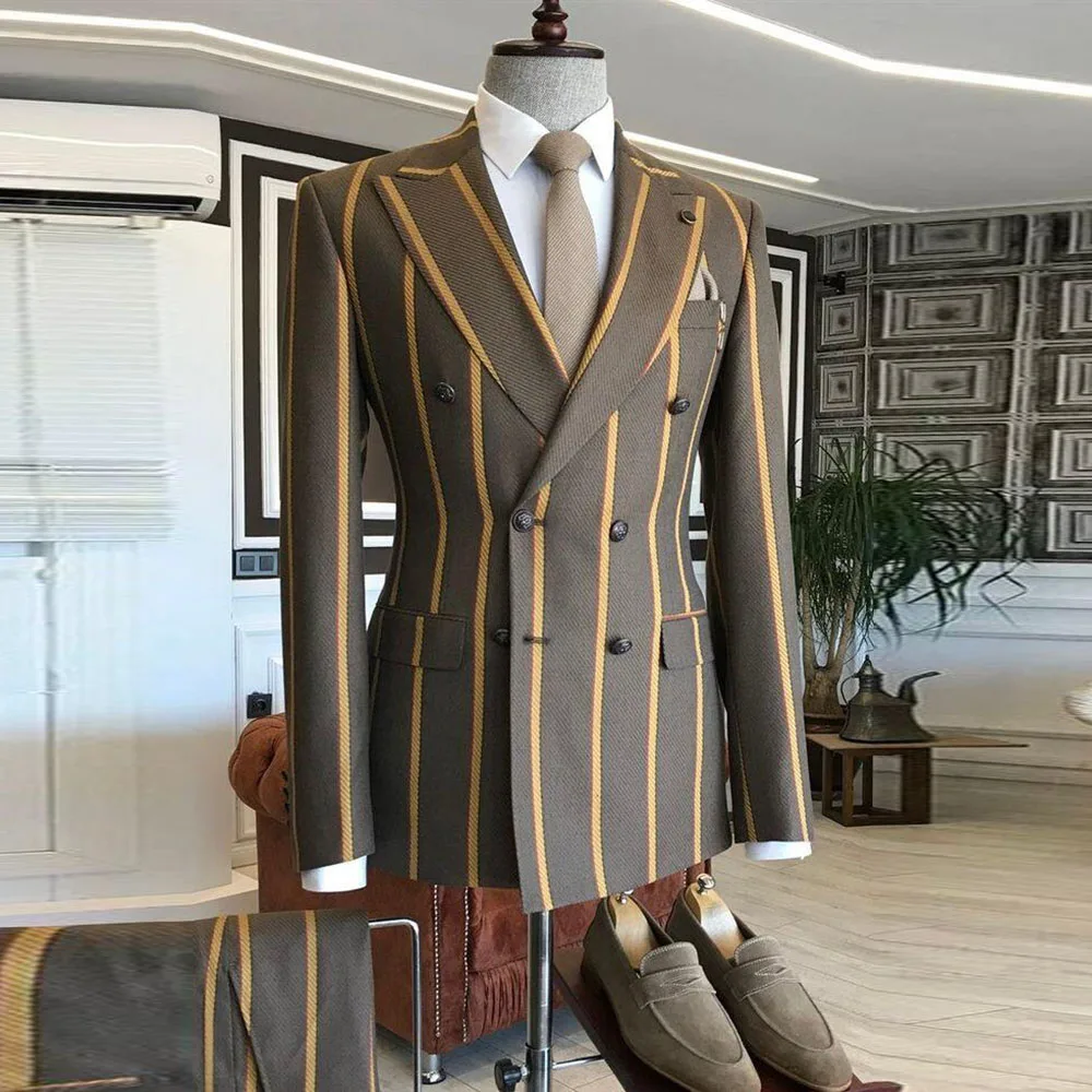 

Stripe Special Design Men Suits High Quality 2 Pieces Jacket Pant Double Breasted Peak Lapel Custome Male Clothing Fashion