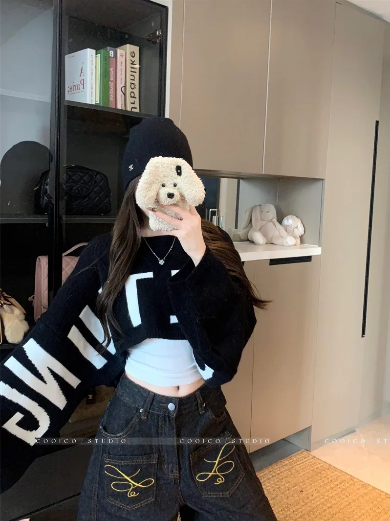 

Y2K Letter Knitted Women Sweaters Baggy Crop Jumpers 2025 Autumn Winter New Popular Streetwear Sexy Night Club Party Outfits