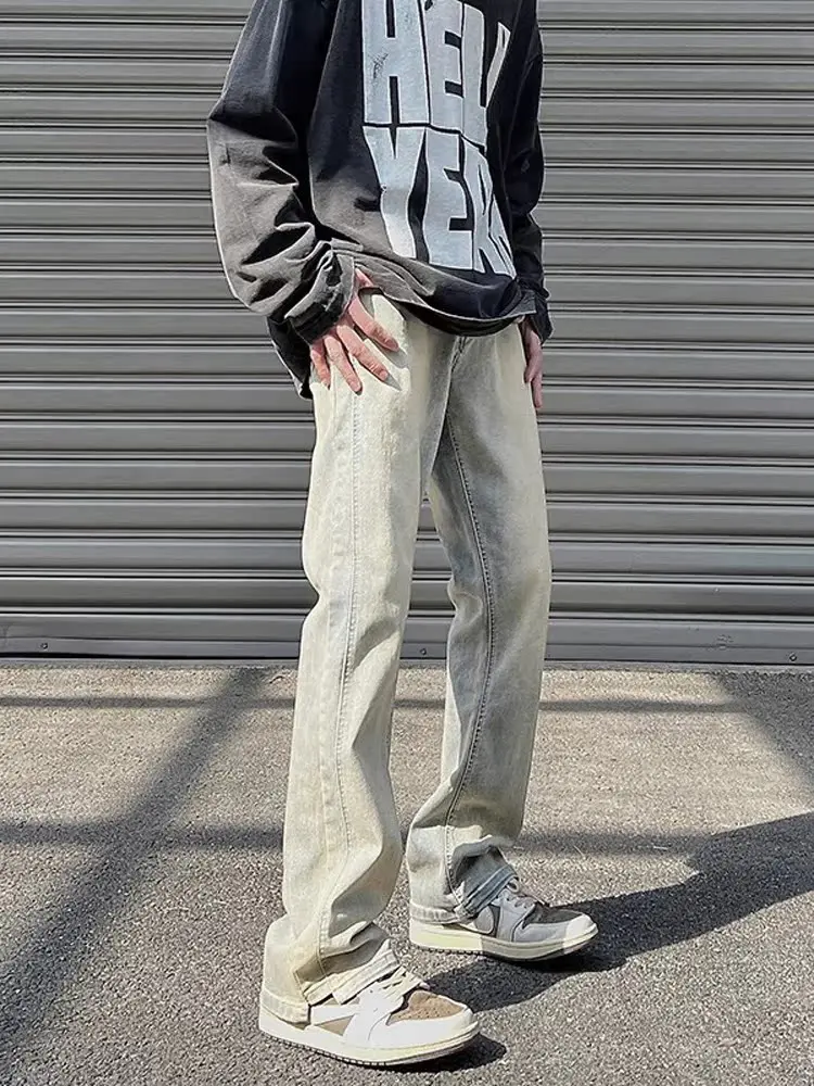 

American High Street Men's Faion Brand Jeans Yellow Clay Dye Micro Flared Straight Leg Long Trousers Youth Trendy Jeans