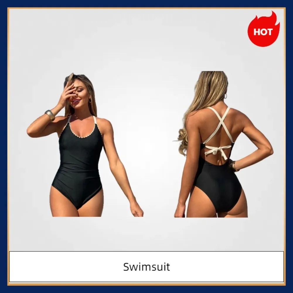 

2025 Европейский и американский новый однотонный модный цельный купальник для женщин - купальник с перекрестными бретелями