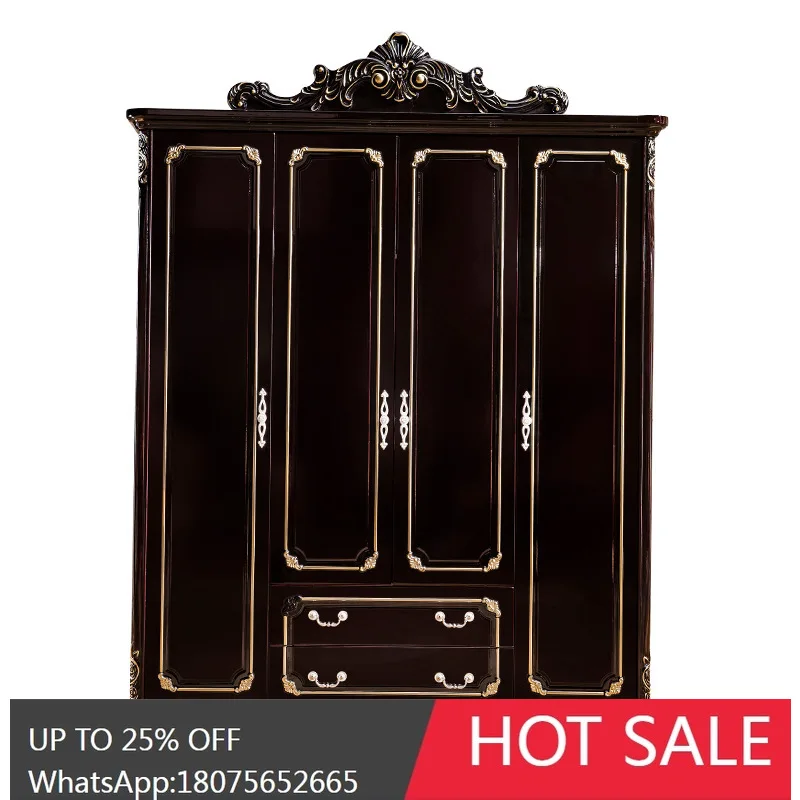 

HLZ American Style Wardrobe Modern Simple Bedroom Four-Door Ebony Color Light Luxury Solid Wood Large Wardrobe