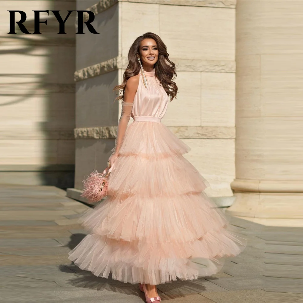 

RFYR Champagne Prom Dress High Evening Party Dresses A Line Sleeveless Floor Length Tiered Vestido Formal Party Gowns Customized