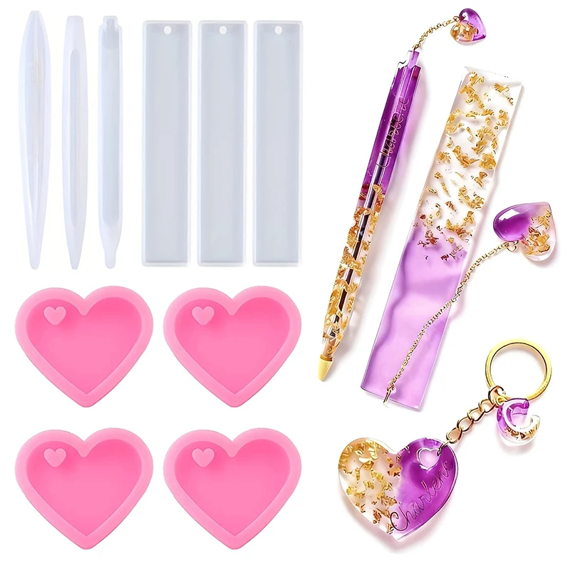 Transparent Pen Bookmark Heart-Shaped Keychains Silicone Resin Mold Set Epoxy Resin Casting Molds for Handmade Stationery Craft