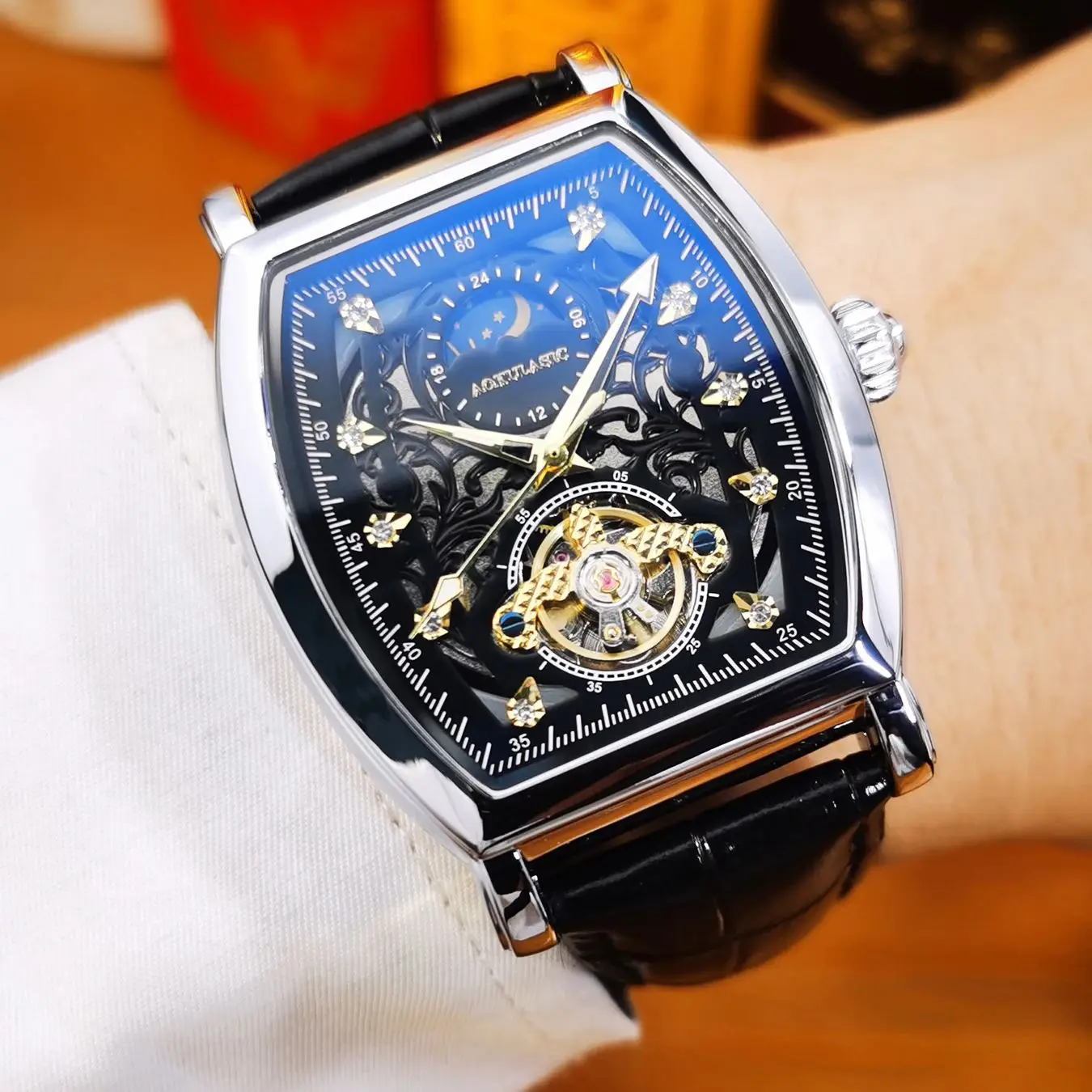 

AOKULASIC Fashion Tourbillon Mens Watches Top Brand Luxury Skeleton Automatic Mechanical Watch Leather Strap Business Wristwatch