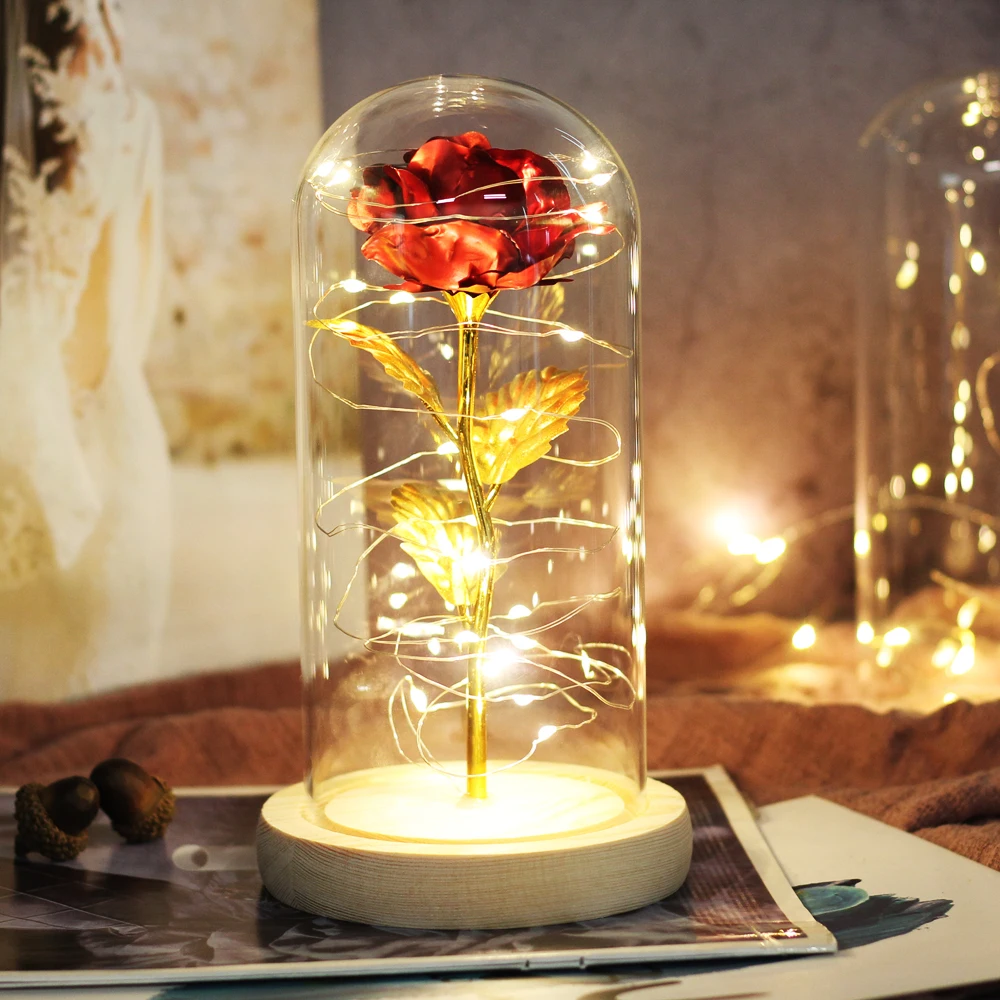 LED Beauty and The Beast Red Rose In Flask Glass Eternal Roses for  Family Decoration Valentines Day Gift Mother's Day Party