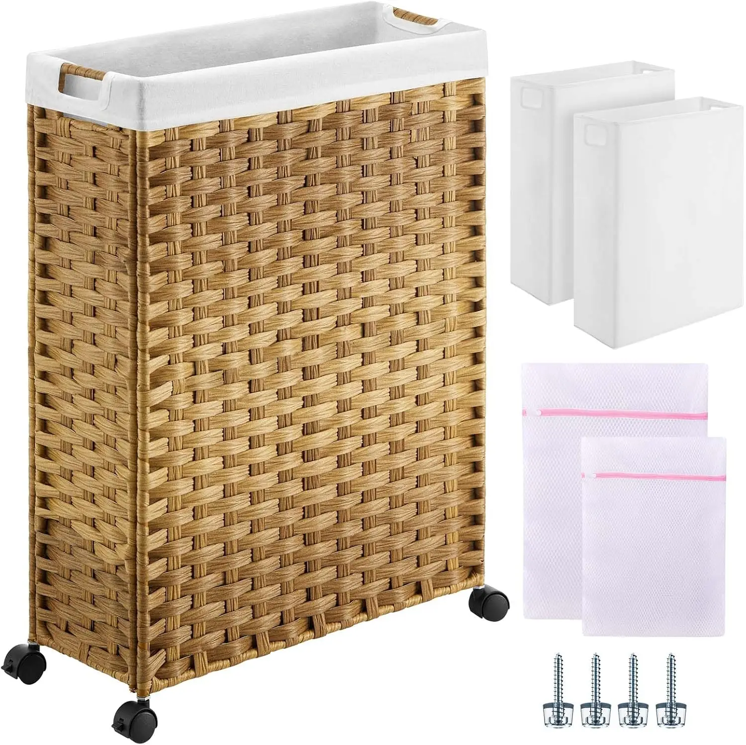 

17.4 Gallon Slim Laundry Basket with Wheels, 2 Removable Liner & Mesh Bags, Narrow Rattan Hamper for Bedroom