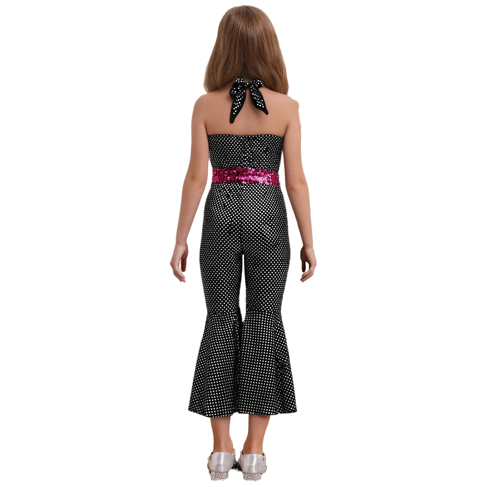 Kids Girls Retro Disco Jumpsuit Shiny Sequins Halter Sleeveless Flare Pants Bodysuit for Hippie Rave Party Stage Performance view 2