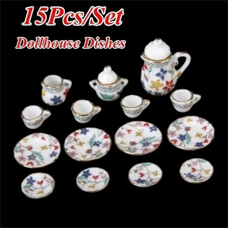 15 Piece Miniature Dollhouse Dinnerware Porcelain Tea Set   Plate Colorful Floral Print Miniature Ceramic Tea Set Teacup