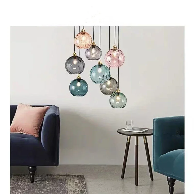 

SANDYHA Nordic Colored Water Pattern Glass Ball Pendant Light Modern LED Chandelier Dining Room Table Lighting Home Decor Accent