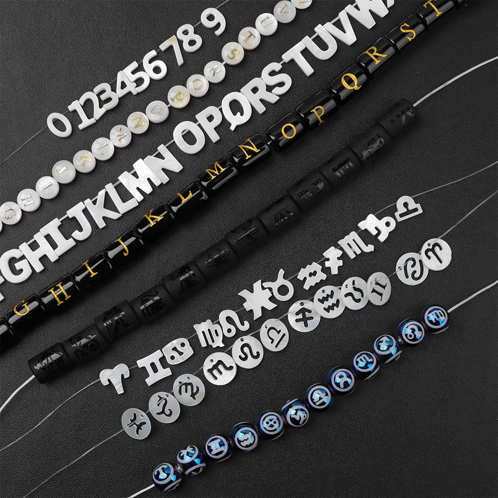 12 Constellation Letters Number Beads Natural Shell Glass Stone Charms Accessories For Jewelry Making Necklace Bracelet Handmade