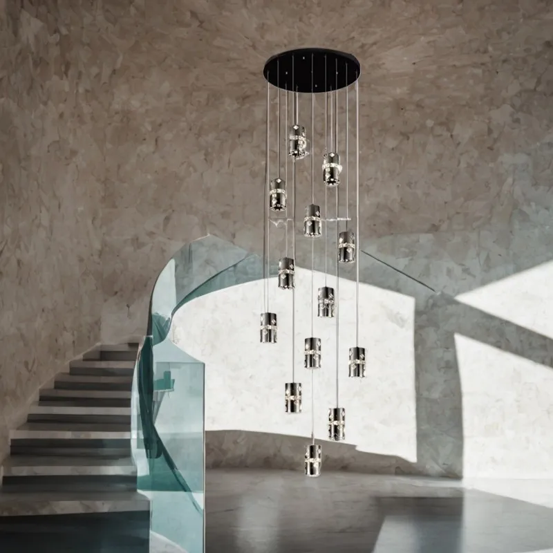 Minimalism Black Hardware Shining star Crystal Staircase LED chandelier lustre Suspension wire Ceiling lighting Dimmable