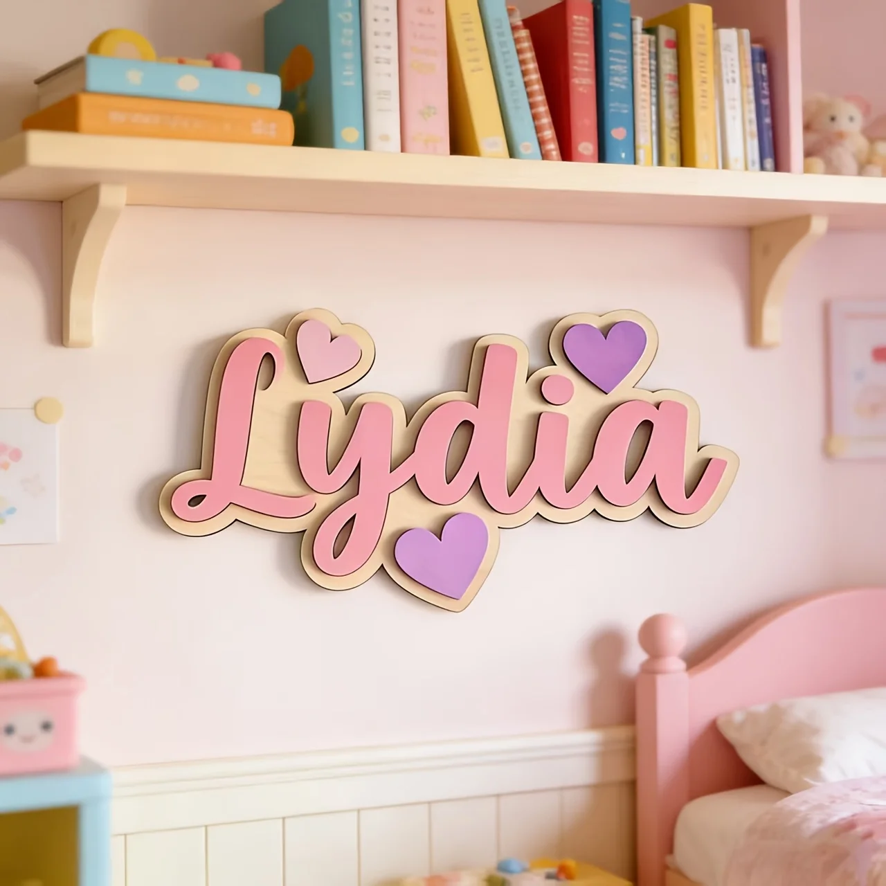 Personalized Gradient Heart Name Sign, Customizable Pink & Purple Door Plaque, Nursery Bedroom Decor, Sweet Hanging Gift - view 2