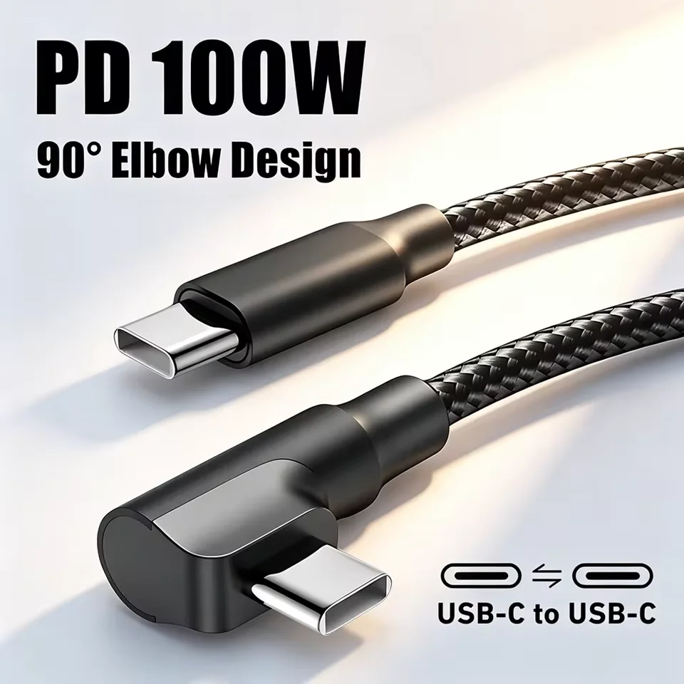 PD 60W Fast Charging Cable USB C 90° Elbow Braided Cord 1m/2m QC 3.0 Data Line For iPhone 16 17 Samsung S25 S24 Huawei Xiaomi