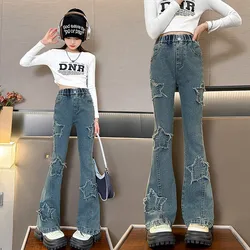 Spring Autumn Teen Girls Jeans Kids 5- 14Y Star Design Flare Pants Children Vintage High Waist Splicing Horseshoe Trousers