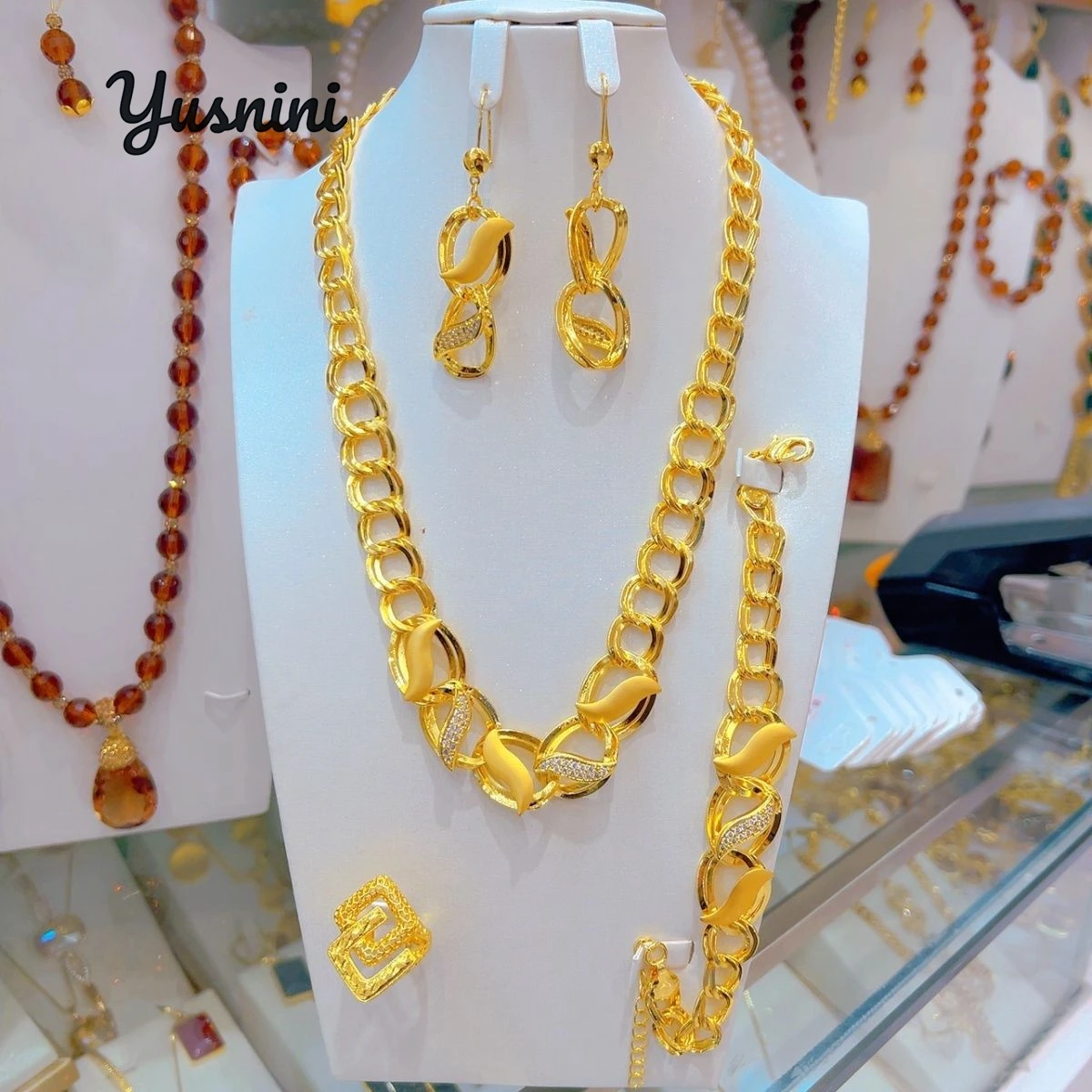 جديد الأمريكية 24K مطلية بالذهب قلادة أقراط خواتم أساور الزفاف حفلة خطوبة طقم مجوهرات لعشاق DD10714 #4