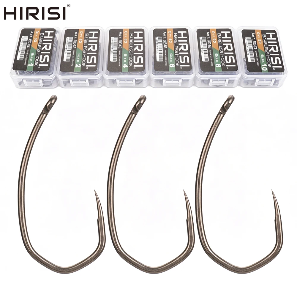 Hirisi 8042 50 Stück PTFE-beschichtete Angelhaken aus Hochkarbon-Edelstahl Rostfrei Scharfe Spitze mit Öse für Angelzubehör