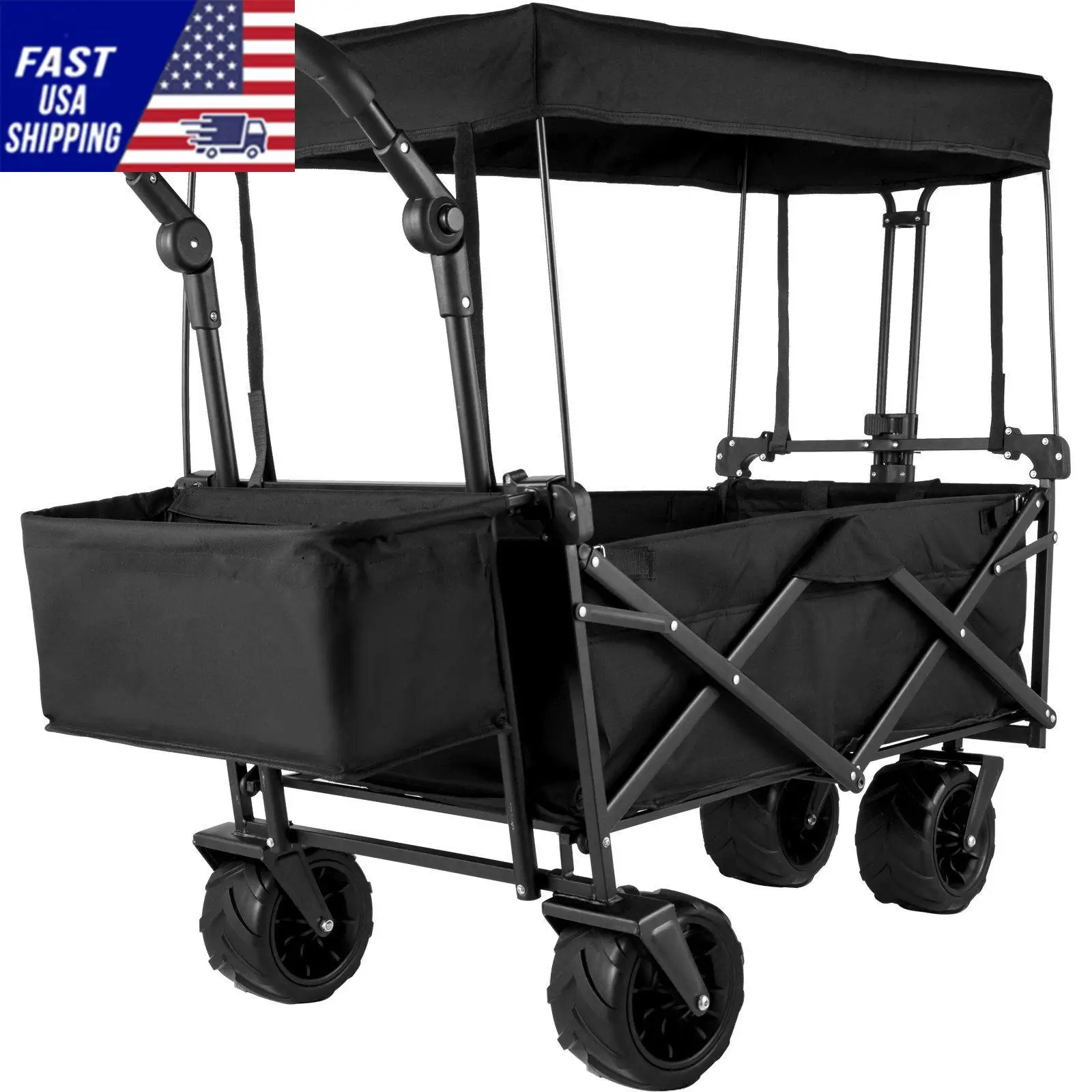 Extra Large Collapsible Garden Cart with Removable Canopy, Folding Wagon Utility Carts with Wheels and Rear Storage, Wagon