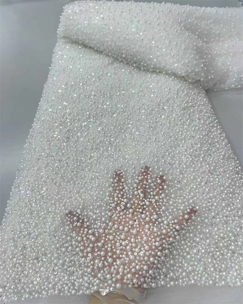 

2025 African Handmade Sequins Net Pearls Lace Fabric French Heavy Beaded Tulle Lace Fabric For Bridal Party Dress Material