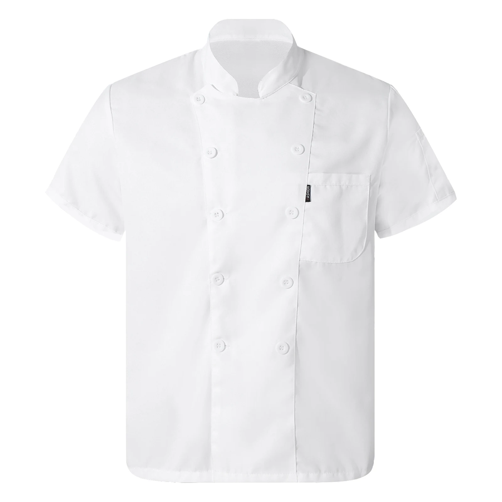 Mens Womens Food Service Work Kitchen Shirt Short Sleeve Stand Collar Chef Coat Button Canteen Restaurant Hotel Cook Uniform