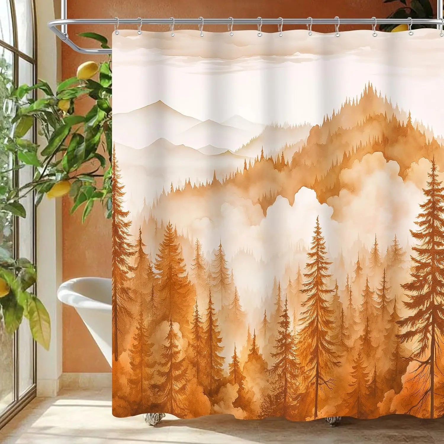 

Autumn Forest Shower Curtain Orange Brown Landscape Pine Trees Mist Nature Art Bath Decor Waterproof Fabric Cozy Design Home