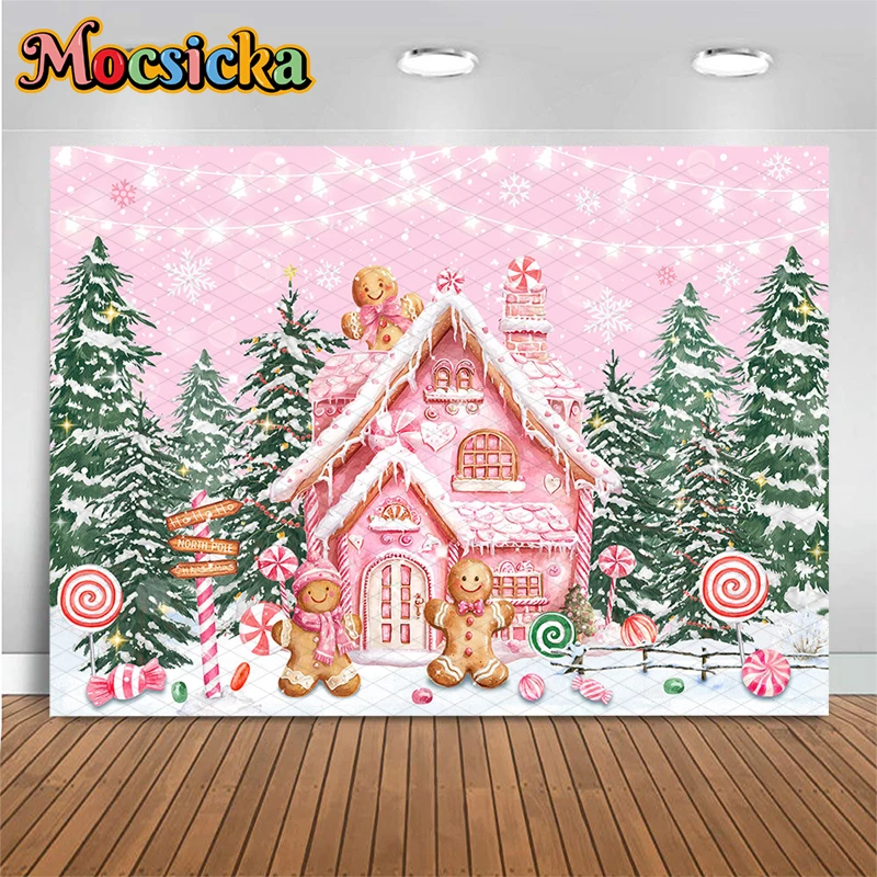 

Mocsicka Christmas Pink House Backdrop Photography Snow Forest Trees Children Baby Photo Background Lollipop Candy Decors Banner