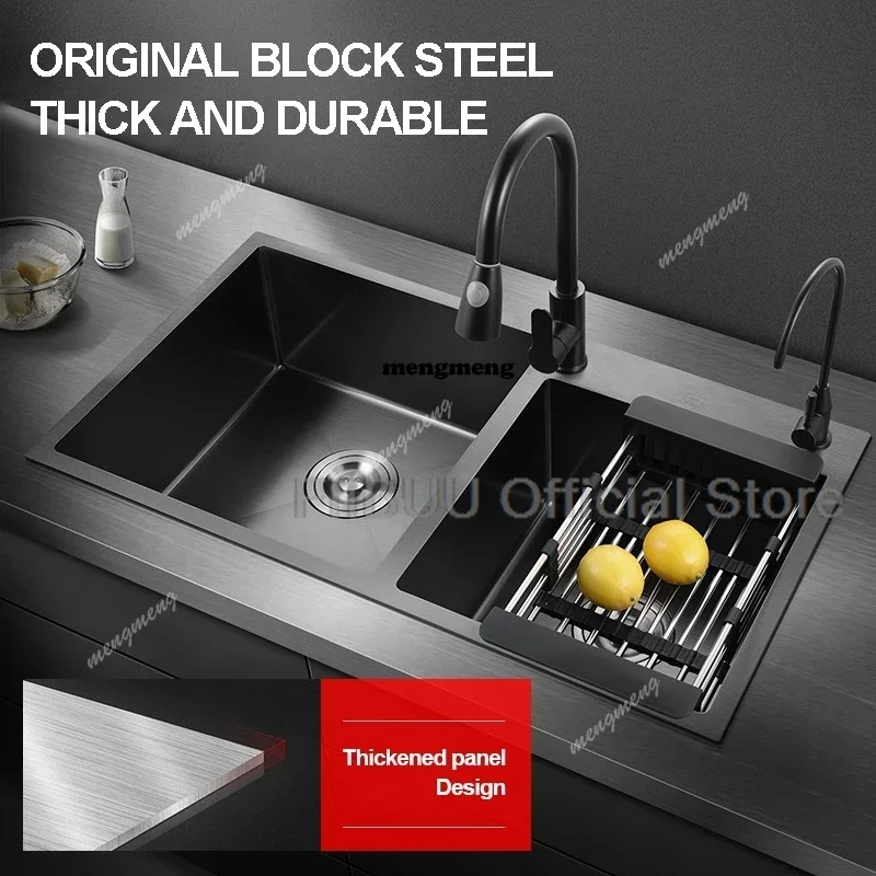 03 Black Nano Double Bowl Kitchen Sink 304 Stainless Steel Large Capacity Thicken Farmhouse Workstation with Multiple Accessorie