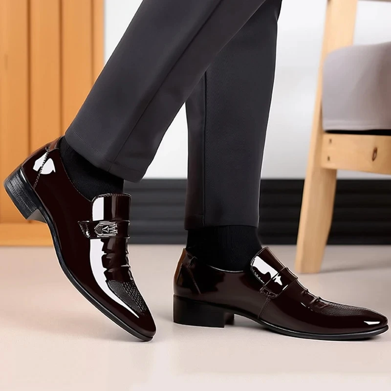 Brand Patent Leather Shoes for Men Casual Business Shoes Office Work Shoes for Male Party Wedding Oxfords Point Toe Loafers